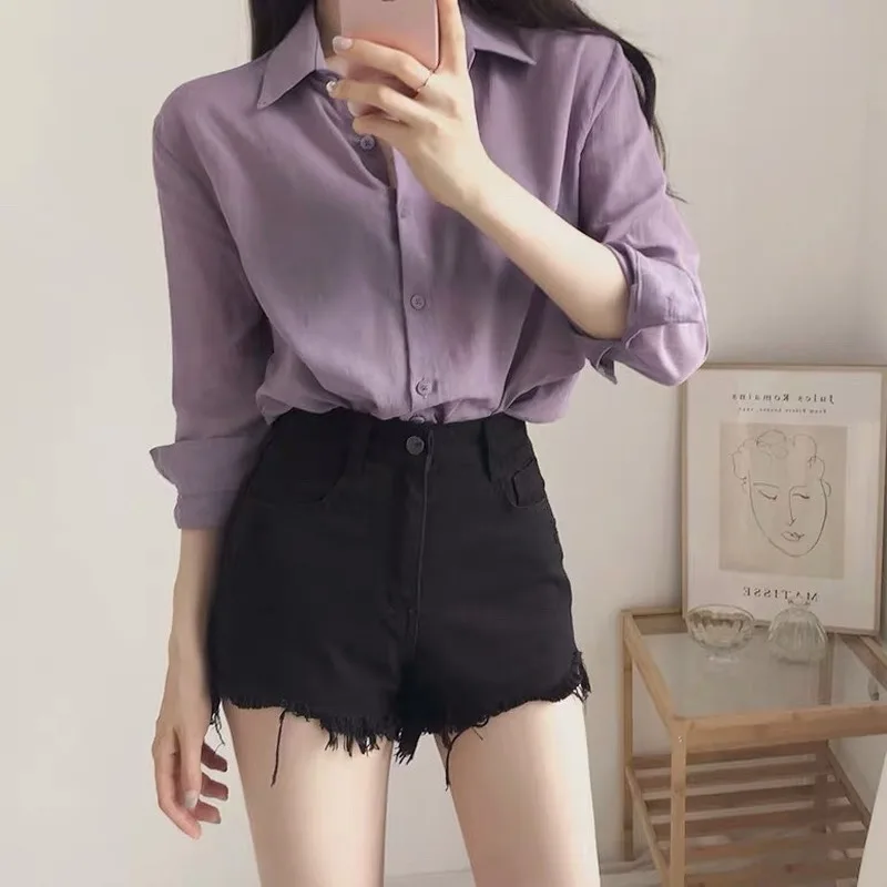 

Fashion temperament 2020 new autumn and summer lapel blouse purple gentle wind jacket thin section