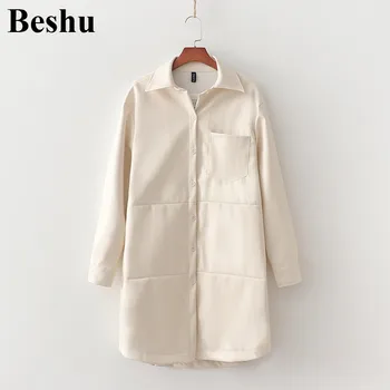 

za 2019 fashion blouses women beige faux leather single-breasted lapel pocket long section blouse simple elegant blusas mujer