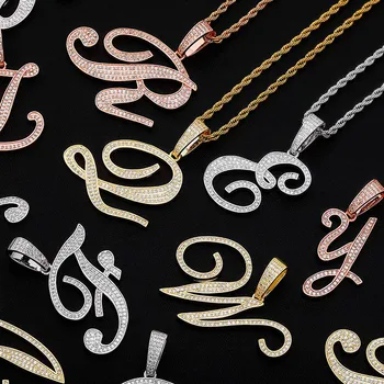 

US7 A-Z Bigger Size Cursive Letters Name Pendant Necklace For Women Men Iced Out Cubic Zirconia With Rope Chain Hip Hop Jewelry