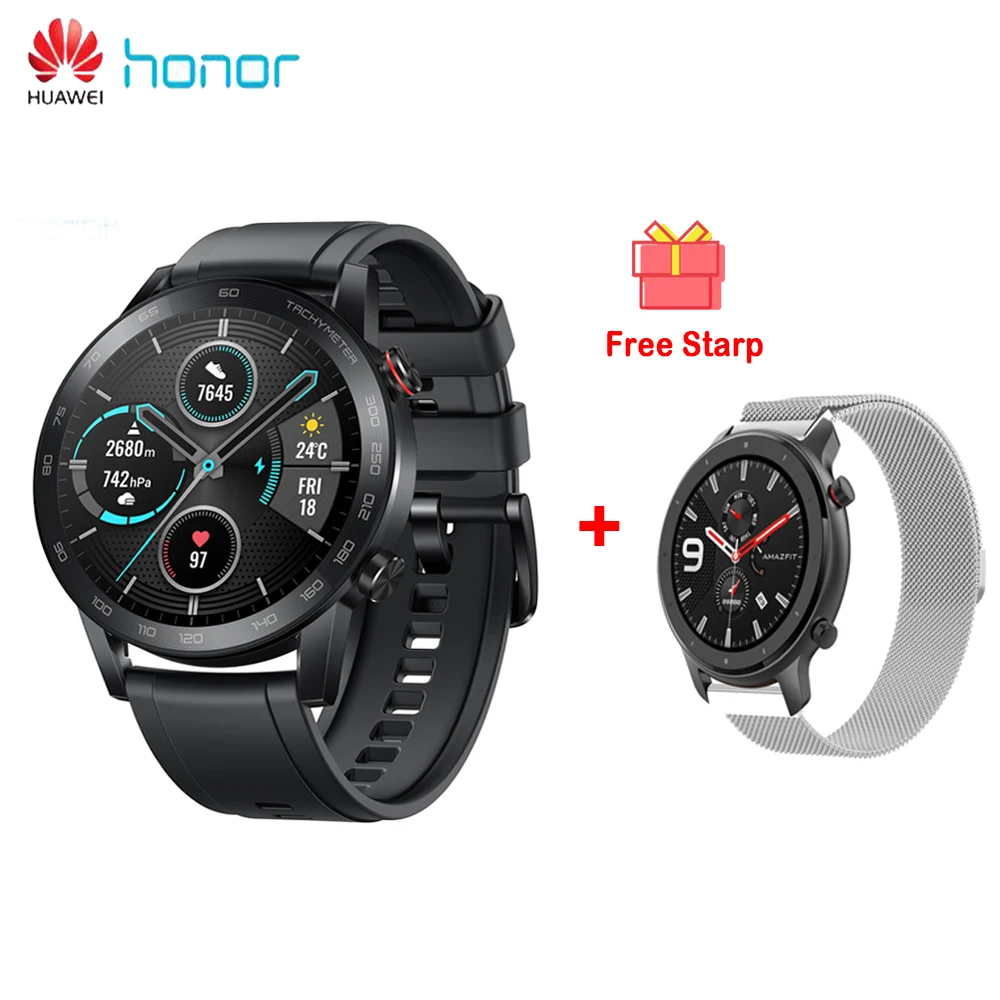 [Глобальная версия] huawei Magic 2 Honor Minos gps Смарт-часы 1,39 дюймов дисплей 5 атм водонепроницаемый длинный аккумулятор спортивные Смарт-часы - Цвет: Black with Strap