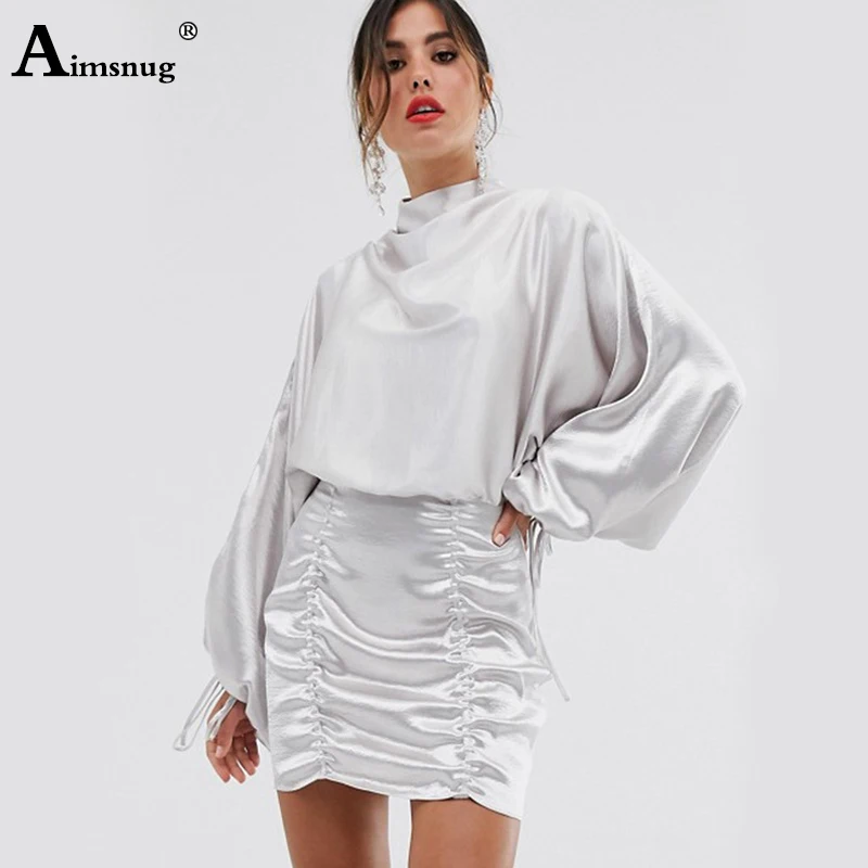 

Aimsnug Sexy Solid Long Sleeve Round Neck High Waist Pleated Drawstring Backless Vintage 2019 Autumn Women's Above Knee Dress