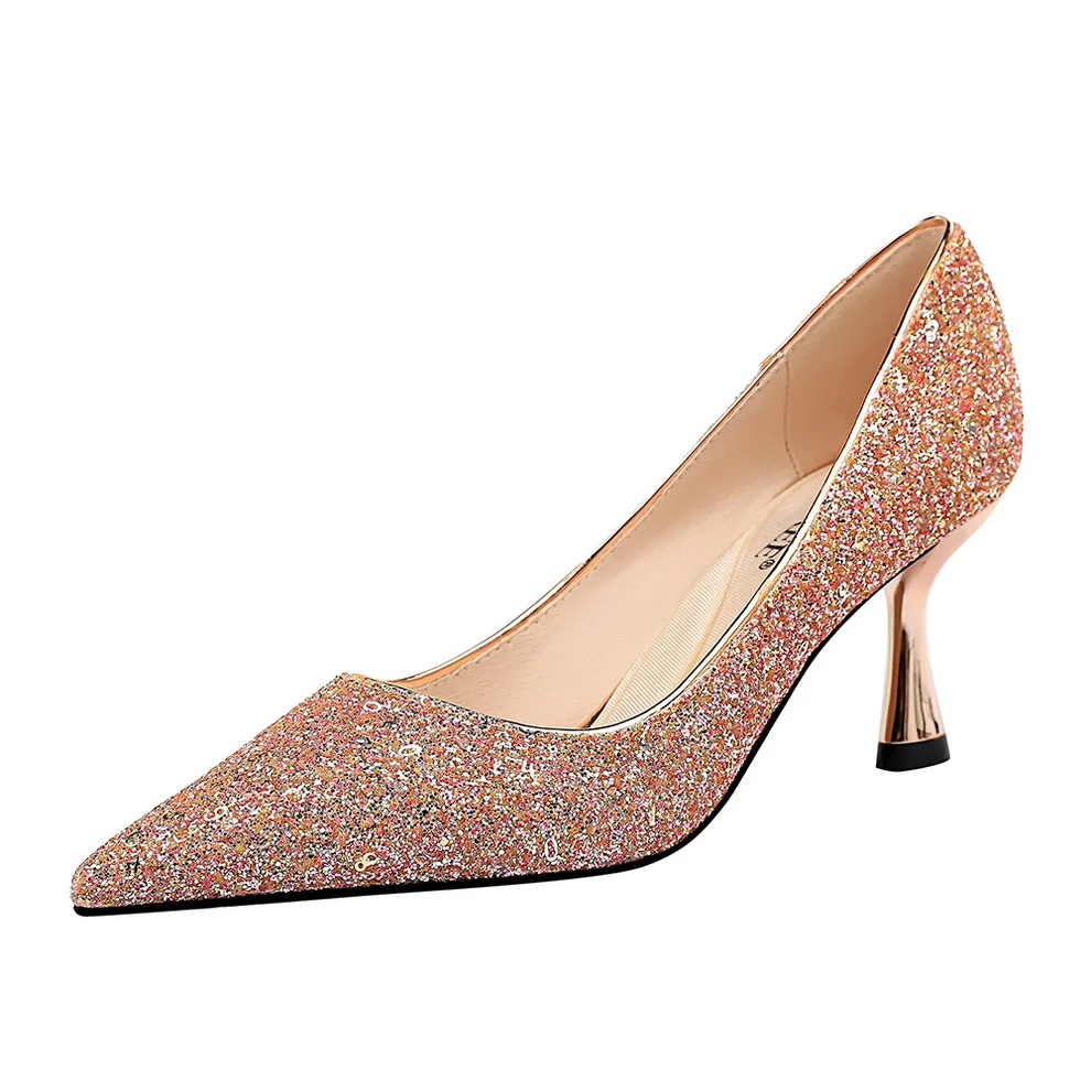 

2019 New Spring Women Pumps High Thin Heels Pointed Toe Metal Decoration Sexy Bling Bridal Wedding Women Shoes Gold High Heels