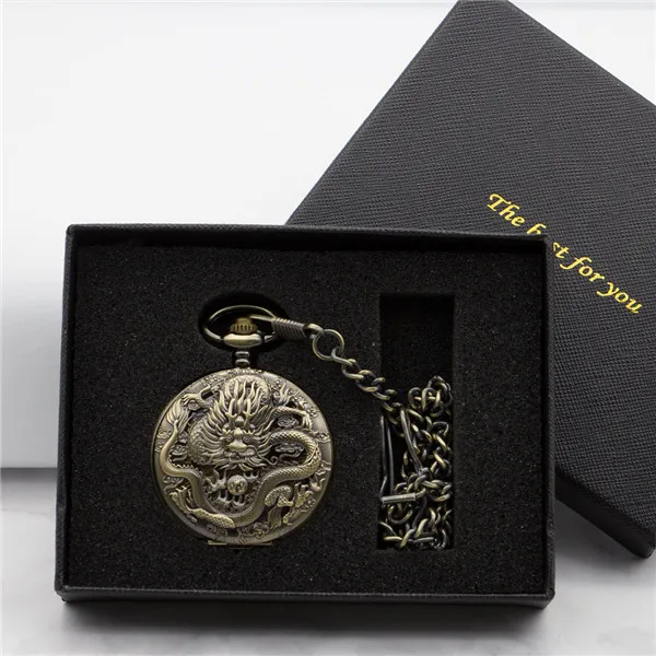 5pcs Retro Vintage Bronze Chinese Dragon Design Mechanical Pocket Watch Men Women Gift PJX1327 - Цвет: with box