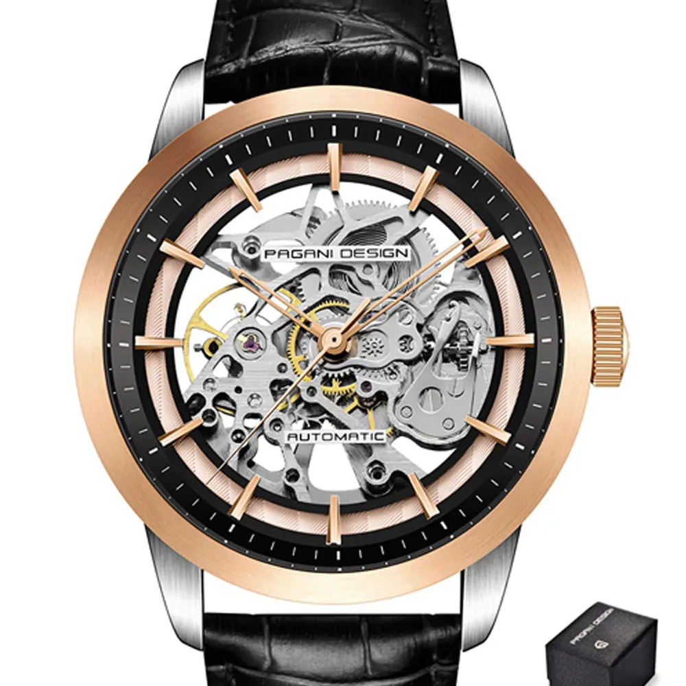 

43mmPagani design black gold bezel hollow leather wrist watches for men automatic movement luxury mechanical watch