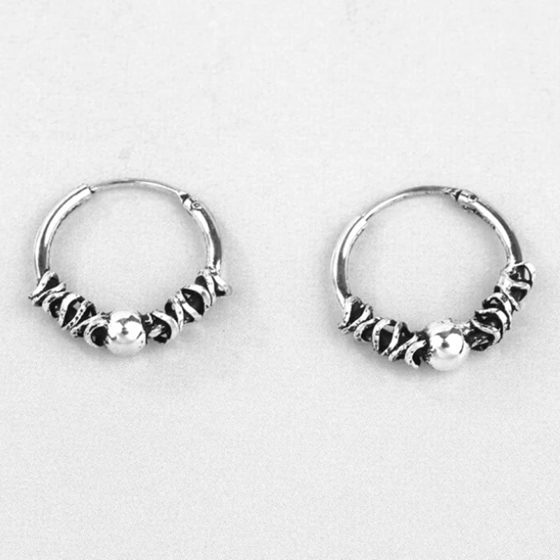 

Thai Silver Retro Small Hoop Earrings With Beads Spiral Coils For Women Men 925 Sterling Silver Round Ear Bone Buckle Ear Hoop