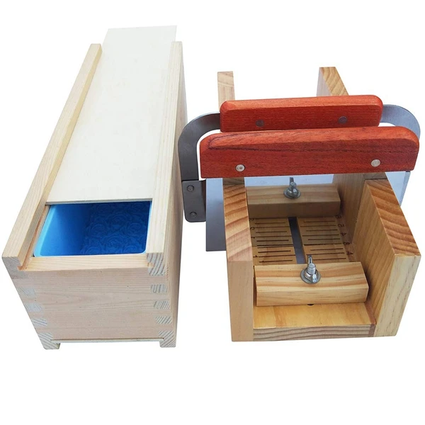 

Soap Loaf Cutting Making Molds Wooden Kit with Rose Silicone Mold + Wood Box + Adjustable Cutter Mold + 2 Pcs Straight Wavy Stai