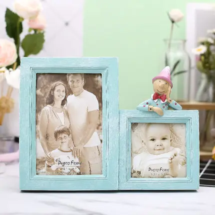 3,5 дюймовая 6 дюймовая вертикальная фоторамка с двойным отверстием, детская фоторамка, детский столик, мультяшная фоторамка из смолы - Цвет: skyblue