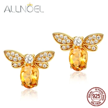 

ALLNOEL Silver 925 Jewerly Bee Earrings Real Gold Natural Citrine Diamond Luxury Fashion Earrings For Women 2019 Statement