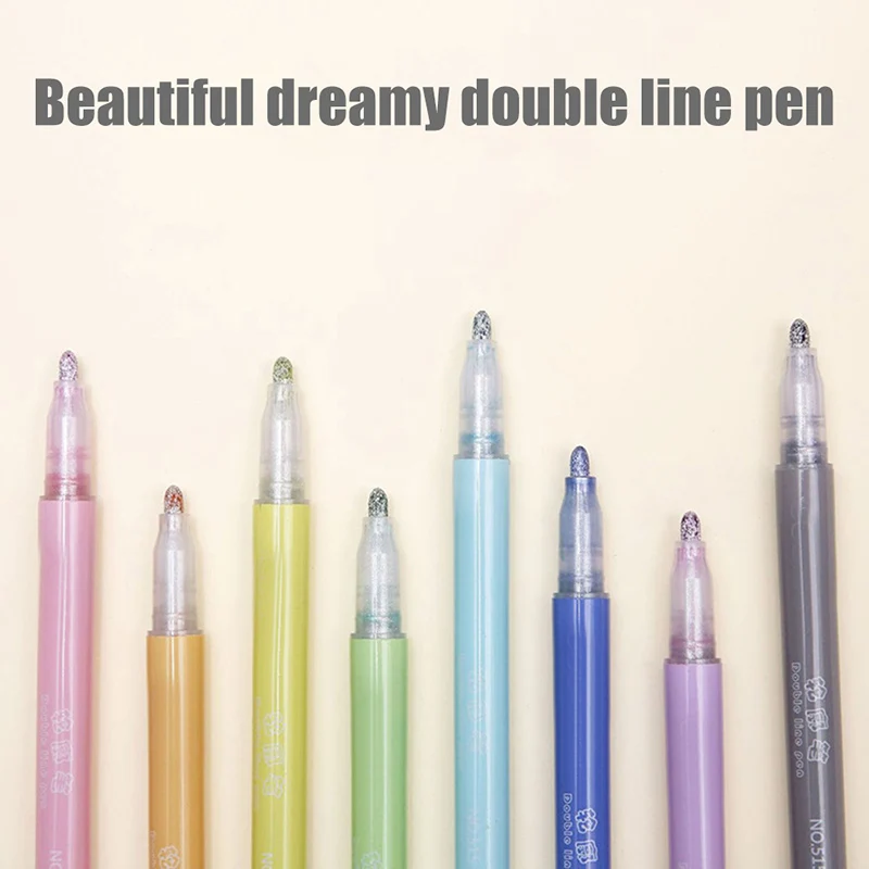 New Card Writing Drawing Double Line Outline Pen Highlighter Marker Pen 8 Color for School Office NE