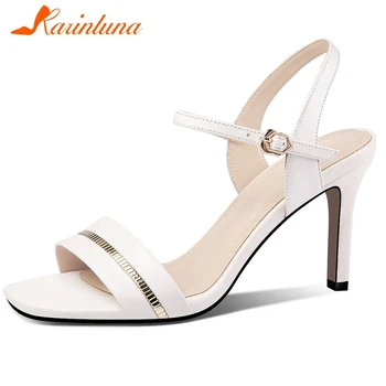 

KARINLUNA Cow Leather Lady High Heels Party Dress Summer Sandals Open Toe Solid Brand Women Sandals Summer Women Shoes