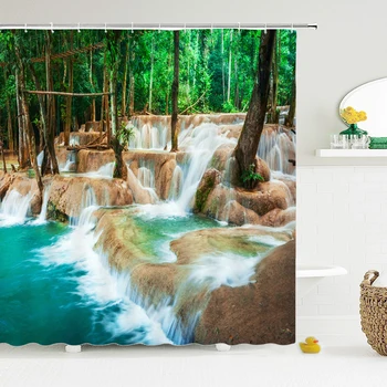 

Waterfall Scenery Waterproof Shower Curtain Forest Trees Printed Bathroom Curtain Polyester Fabric Home Decor Bath Curtains