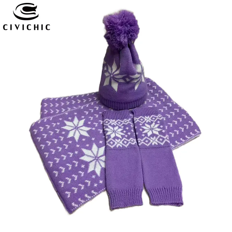 Purple CIVICHIC, Женский Рождественский трикотаж, шапка, шарф, перчатки, комплект из 3 предметов, вязаный Снежный жаккардовый головной убор, шаль, теплые шапочки, Рождественский головной убор с помпоном, SH114 - Цвет: Purple