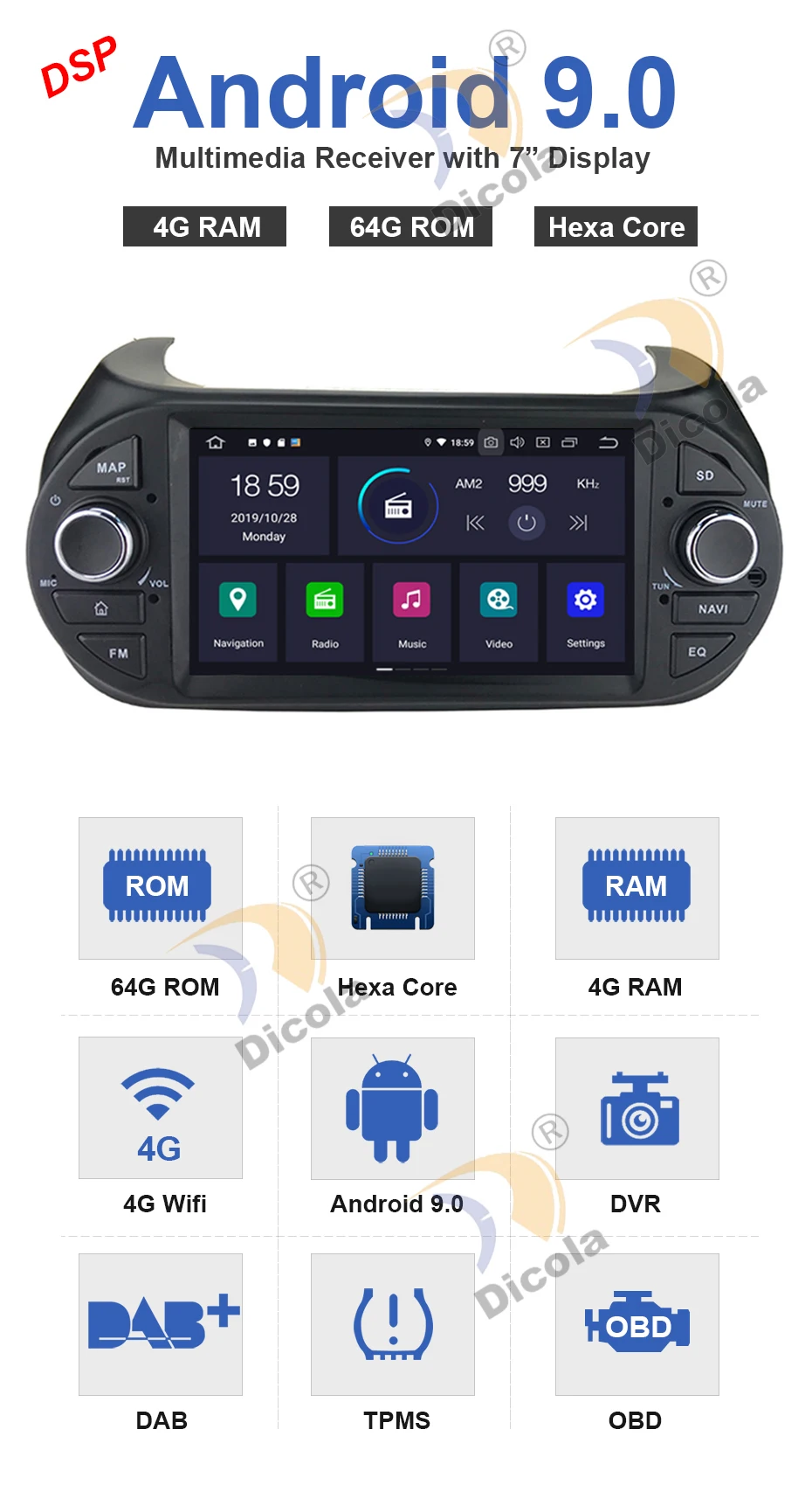 " DSP 4G+ 64G Android 9,0 автомобильный dvd стерео радио gps навигация для Fiat Fiorino Qubo Citroen Nemo peugeot Bipper авто мультимедиа