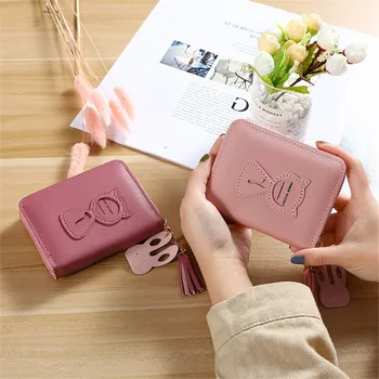 

VOGVIGO Unisex Wallets Short Tassel Simple Female Purse Leather Cat Mini Zipper Wallet Credit Card Holder Coin Purses Money Bag