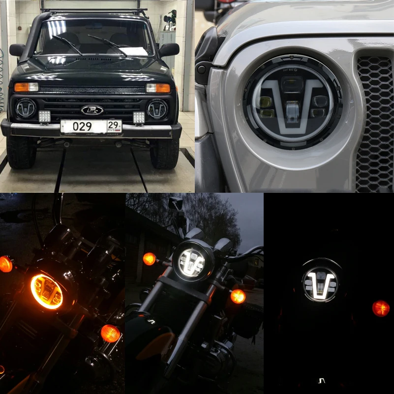 Для Лада Нива 4X4 7 ''halo Фары 7'' круглый светодиодный налобный фонарь с DRL ангельские глазки фары для Land Rover Defender ВАЗ 2101 harley
