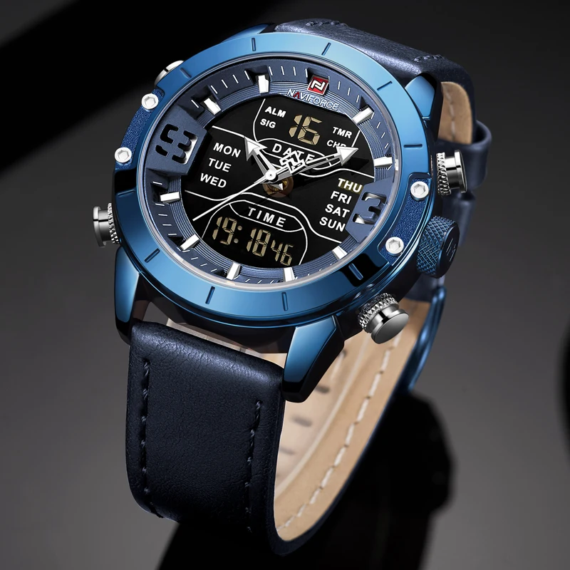 NAVIFORCE мужские часы с двумя дисплеями Лидирующий бренд Модный светодиодный цифровой Роскошные мужские часы кожаные спортивные водонепроницаемые кварцевые наручные часы