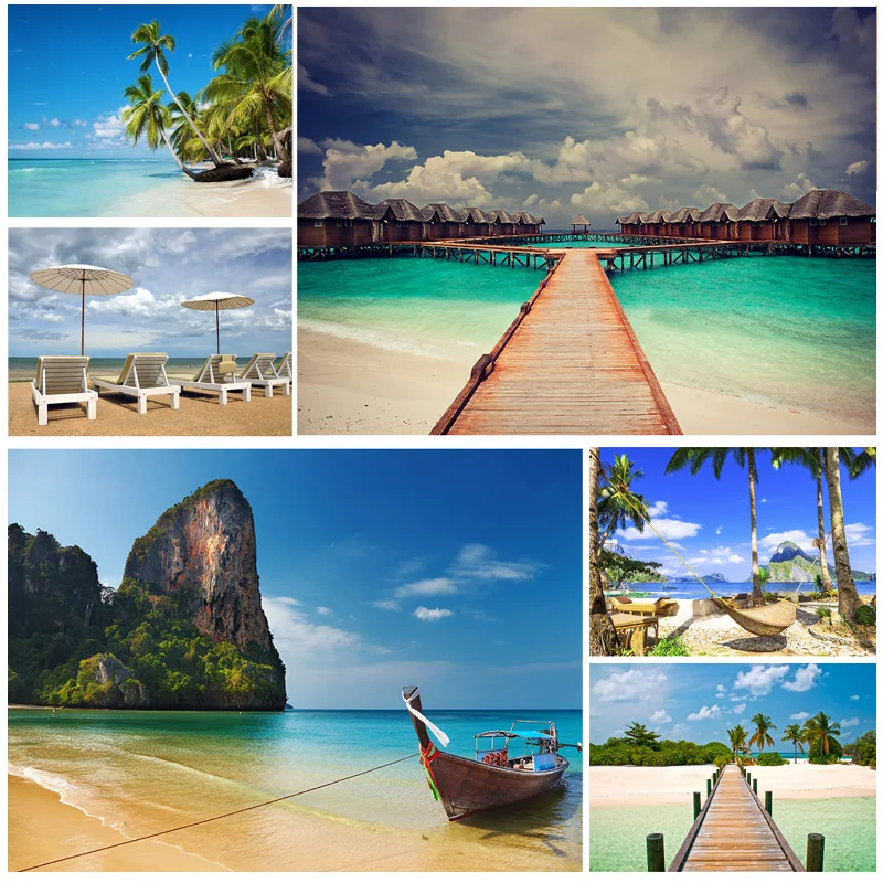 

Summer Tropical Sea Beach Palms Tree Photography Background Natural Scenic Photo Backdrops Photo Studio Props 2133 HHB-06