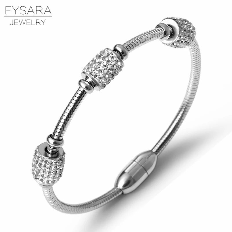 Silver Color FYSARA Круглый AAA Очаровательные Кристаллы Браслеты и браслеты для женщин нержавеющая сталь магнитные браслеты с пряжкой модный кабель провода ювелирные изделия - Окраска металла: Silver Color