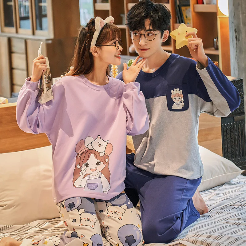 Новинка осенне-зимние хлопковые Пижамные комплекты для пар брюки с круглым