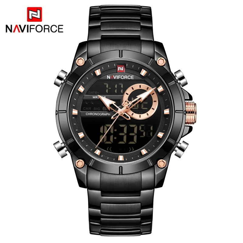 NAVIFORCE Роскошные брендовые кварцевые светодиодные цифровые часы мужские спортивные мужские часы из нержавеющей стали цифровые водонепроницаемые мужские часы для мужчин