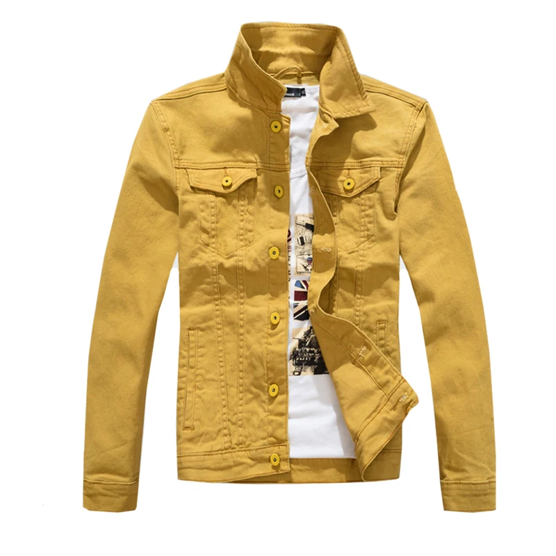 Tanie Denim kurtki męskie jednokolorowe jeansowa kurtka Slim Fit płaszcz dżinsowy moda kurtka wojskowa żółty sklep
