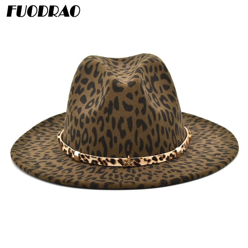 

FUODRAO New Leopard Print Fedoras Hat Women Woolen Felt Wide Brim Jazz Hat Vintage British Jazz Hat Gentleman Elegant F27