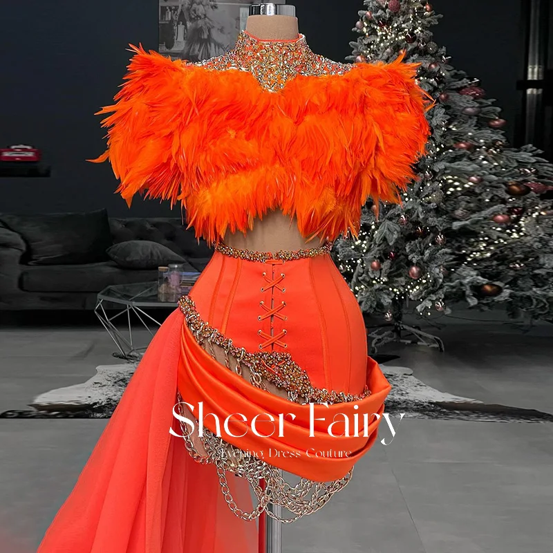 Luxury Feather Orange Two Pieces Prom Dresses for Black Girls Sexy Short Mini Cocktail Party Dress 2022 Graduation Birthday Gown mini prom & dance dresses