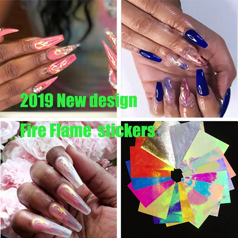 Best 16PCS Nail Art Flame Stickers Reflection Adhesive Foils DIY Decoration 3D Manicure Stickers Glitter QQ99