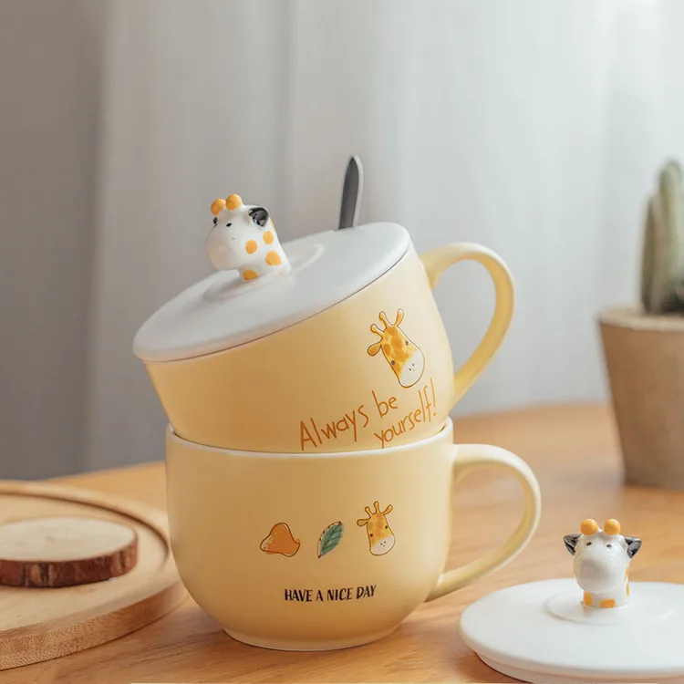 

Capacity Mug with Lid Spoon Cup Cute Girl's Household Ceramic Milk Oatmeal Breakfast Cup Microwave Breakfast Drinkware Animalcup