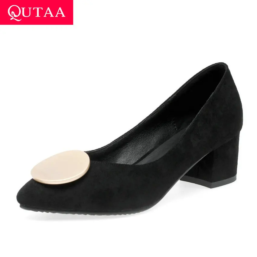 

QUTAA 2020 Flock Sweet Women Shoes Square Heel Spring Autumn Ladies Pumps Pointed Toe Slip on Shallow Single Shoes Size 34-43