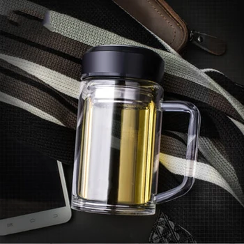 

Drinking Durable Double Layer Glass Bottle Cup Handle Transparent Tea Glasses Cups Lid Caneca Glassware Bottles Glass Cup QZL052