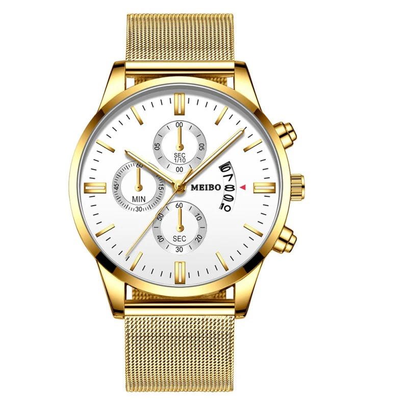 Мужские часы брендовые Роскошные Мужские кварцевые часы с вечным календарем черные мужские модные часы Relogio Masculino - Цвет: Gold white