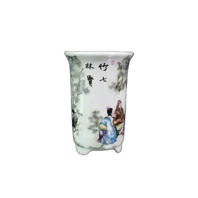 Chinese Old Porcelain Flowerpot With Pattern Of Seven Sages In Famille Rose Bamboo Forest