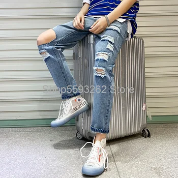 

Casual trend beggar pants scratch loose nine-point straight hole jeans men