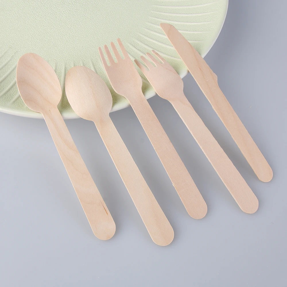 

100PCS/set Eco-friendly Utensils Tableware Party Dessert Spoon Biodegradable Wooden Disposable Cutlery Forks Spoons Dinnerware
