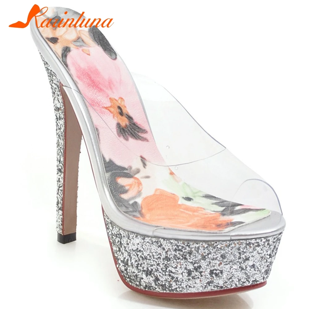 

Karinluna 2020 New Fashion Peep Toe Party Pumps Mules Shoes Woman PVC Thin High Heels Slip On Platform Bling Pumps Women Shoes