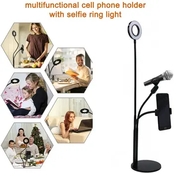 

3 in 1 Food Merchandise Shooting Selfie Ring Fill Light w/Phone Clip & Mic Holder Stand Makeup Live Stream Lighting Black/White