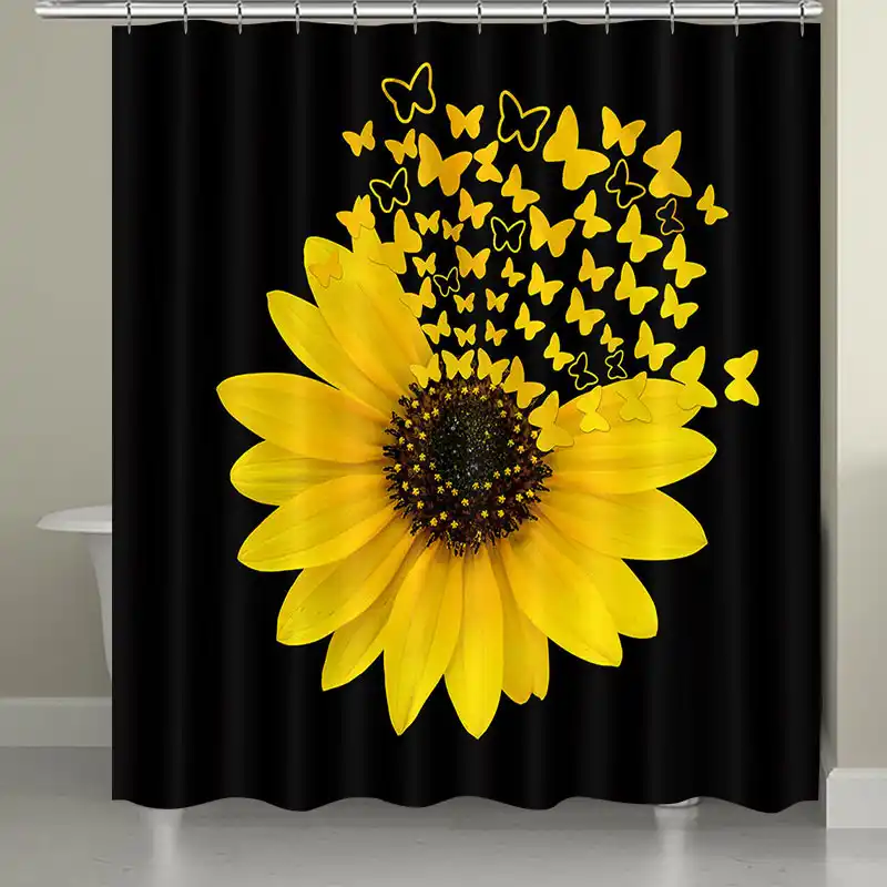 Romantic Sunflower and Butterflies Shower Curtain Set with Non-Slip Rugs Toilet Lid Cover and Bath Mat 4 Pcs Sunflower Shower Curtain Sets with Rugs You are My Sunshine Bath Curtain with Hooks 