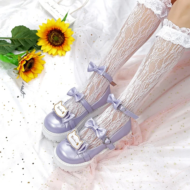 

Girl Women Sweet Low Heels Bowtie Pumps Low Square Buckle Straps PU Leather Cosplay Maid Shoes Kawaii Princess Lolita Shoes