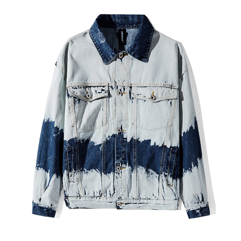 ABOORUN Fashion Men's Tie Dye Hip Hop Denim Jacket Oversized Streetwear Blue Jeans Jacket for Male R2981