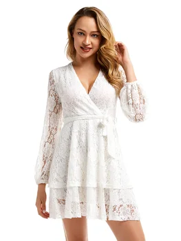 

DANALA New Fashion Women Boho Long Sleeve Hollow Out White Dress Evening Party Summer Casual V-Neck Beach Mini Sundress
