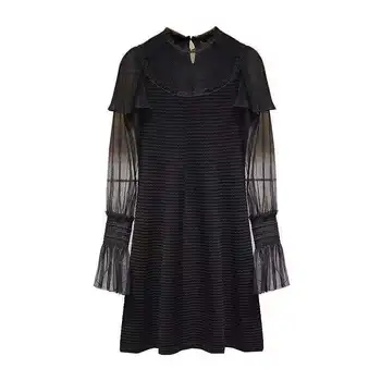

Women Black Knitted Dress Mesh Ruffled Long Sleeve Patchwork Mid Calf Sweet Knitted Dress 2020 New