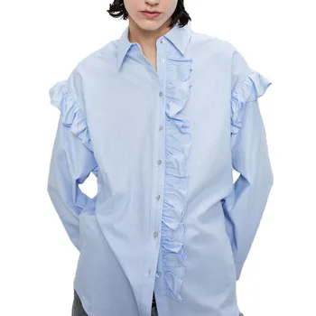 

Spring shirts women 2020 casual blue blouse women long sleeve womens tops ruffle womens clothing