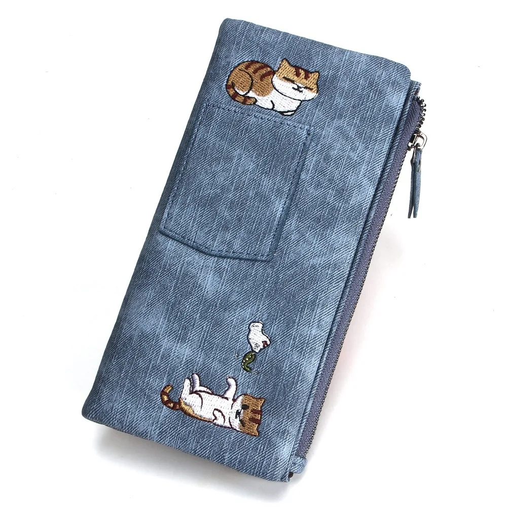 

Jeans style wallet cat embroidered canvas pattern large capacity buckle can hold mobile phone pocket decorative handbag