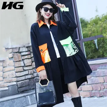

HG Patchwork Sequin Pockets Women 2020 Autumn Casual Fashion Style Temperament All Match Turn Down Collar Loose Blouse ZP3794