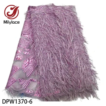 

Milylace beautiful jacquard fabric romantic purple jacquard organza lace fabric with tassels 5 yards for party dresses DPW1370