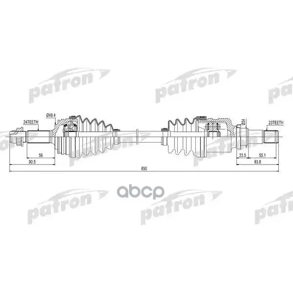 Полуось Передняя Левая 24x650x49.4x23 Citroen: C1 05- Peugeot: 107 05- Toyota: Aygo 05- PATRON арт. PDS0259