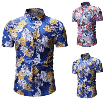 

2020 Mens Shirt New Fashion Summer Casual Men's Slim Fit Short Sleeve Printed Stand Collar Button Shirt Top Blouse Homme Camisas