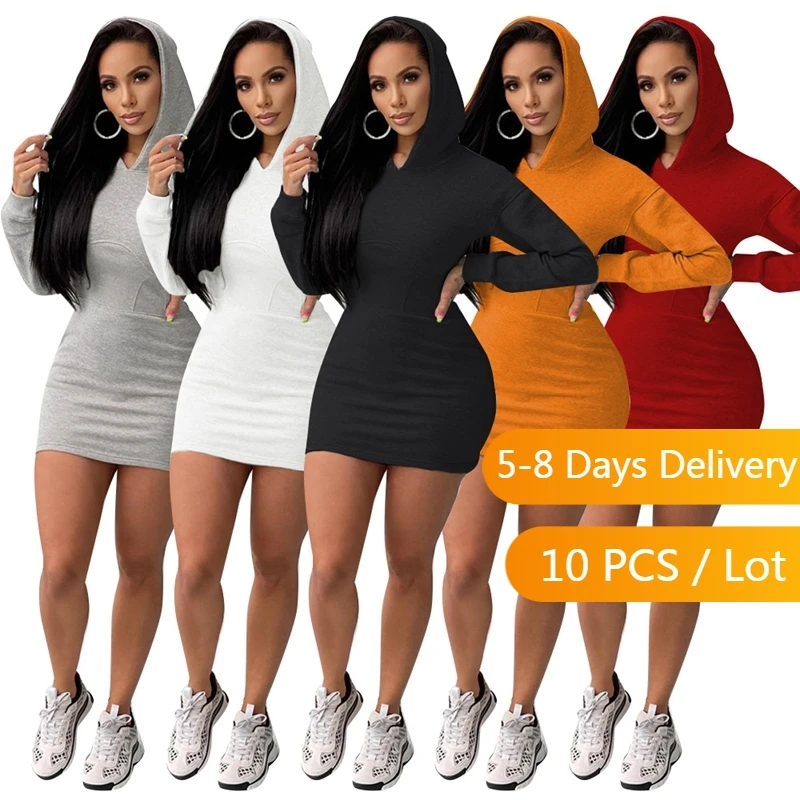 

Bulk Items Wholesale Lots White Hooded Dress Women Streetwear Black Mini Dress Fall Clothes Tight Casual Dresses for Women 2022
