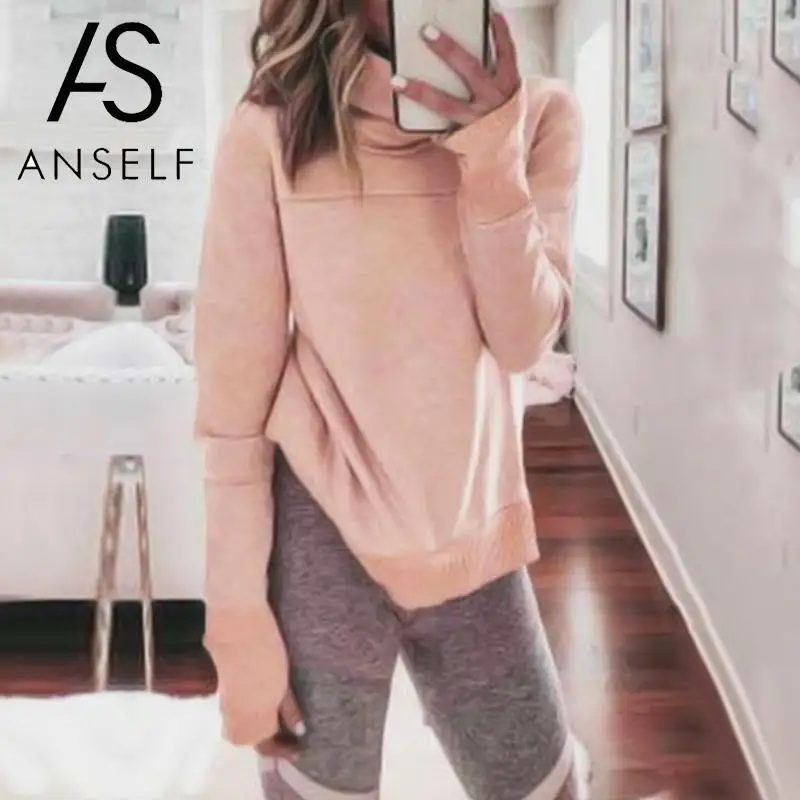 

ANSELF Pullovers Women Hoodies Sweatshirt Spicing Solid Color Cowl High Neckline Ribbed Trim Side Split Casual Streetwear female
